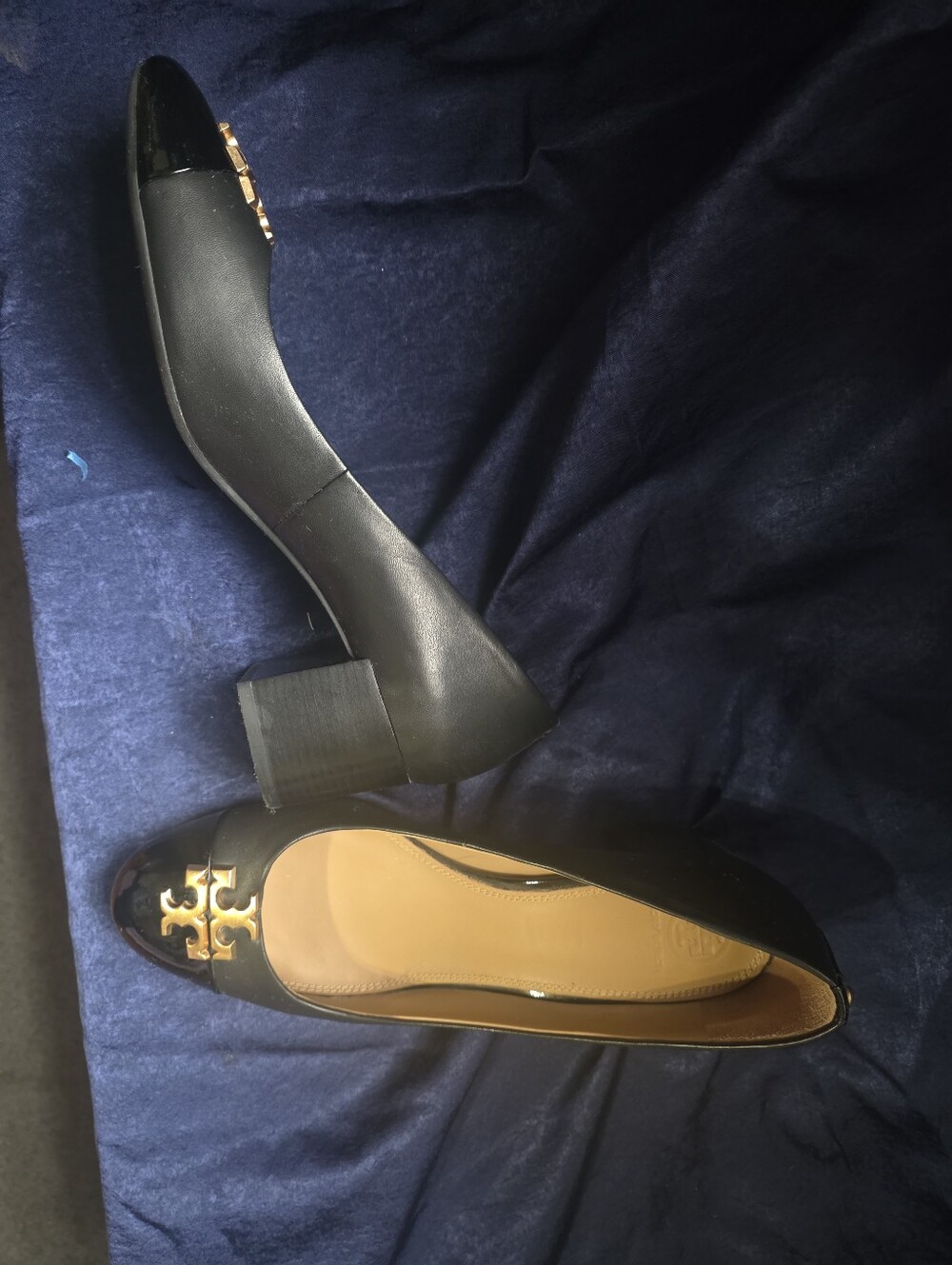 Tory Burch Black Block-Heel Logo Pumps with Gold Emblem